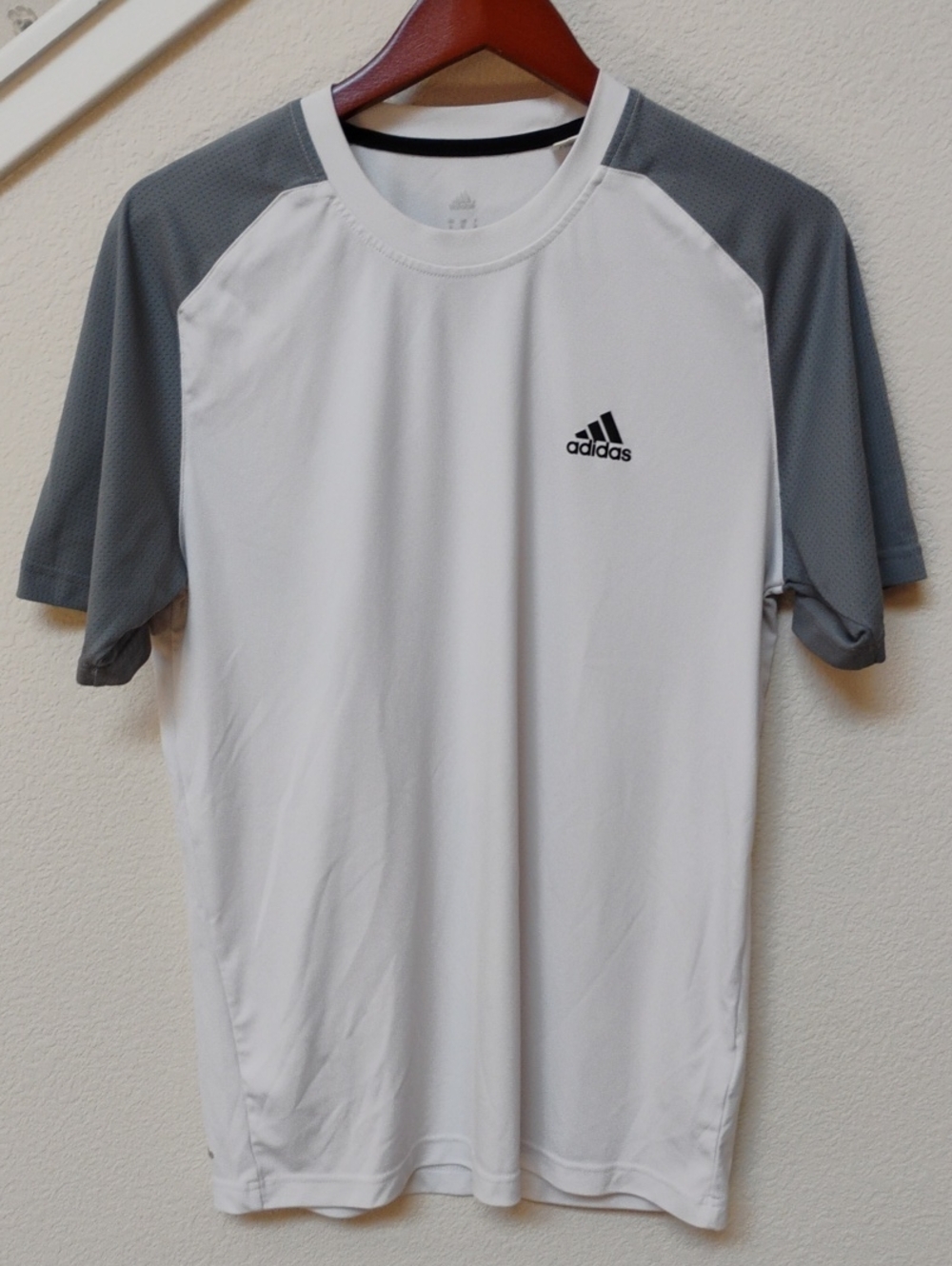 Adidas Climalite White Short-Sleeve Athletic Tee with Gray Raglan Sleeves